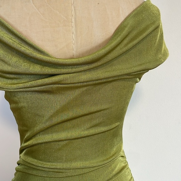 Y2K Soft Grunge Mini Dress Small 00s Green Ruched Glow Passion Spandex Brat Rave - Picture 8 of 13